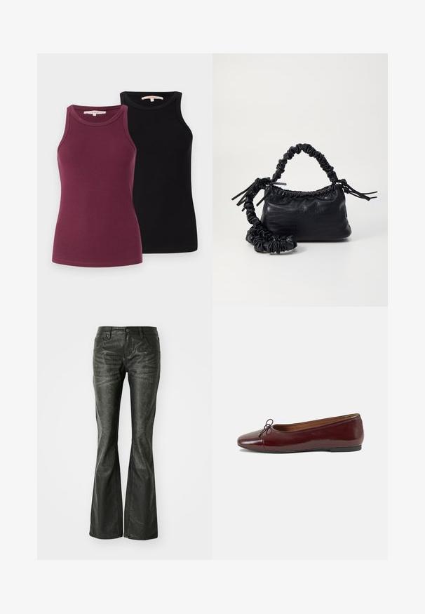 Zwei gerippte Tanktops in Burgunderrot und Schwarz. Sie haben runde Ausschnitte und sind für eine enganliegende Silhouette gestaltet. Glatte Textur.; Schwarze Kunstleder-Flared-Jeans mit Fronttaschen, einem Metallknopfverschluss und einer leicht strukturierten Oberfläche. Schmaler Schnitt mit langem Bein.; Burgunderfarbenes, lackiertes Ballettschuh mit abgerundetem Zehenbereich, kleiner Schleifenakzent vorne und einer niedrigen, schwarzen Gummisohle. Glatte Textur.; Schwarze Handtasche aus Kunstleder mit Krokodilstruktur, gerafftem oberen Teil und einem geschoppten Tragegurt. Sie wirkt weich und kompakt im Design.