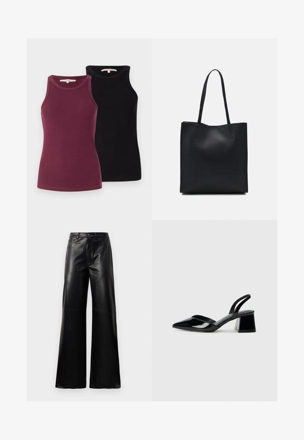 Dos camisetas sin mangas acanaladas en burdeos y negro. Tienen escote redondo y están diseñadas para una silueta ajustada. Textura suave.; Pantalones de imitación de cuero negros de cintura alta y pierna ancha con botón frontal, cierre de cremallera, pasadores para cinturón y bolsillos laterales sobre fondo blanco.; Zapatos de tacón slingback de charol negro con punta afilada y tacón geométrico en bloque. Presentan un diseño elegante y minimalista, así como una textura suave.; Bolso tote de cuero negro con textura lisa, forma rectangular y dos asas largas. Sin herrajes ni adornos visibles.