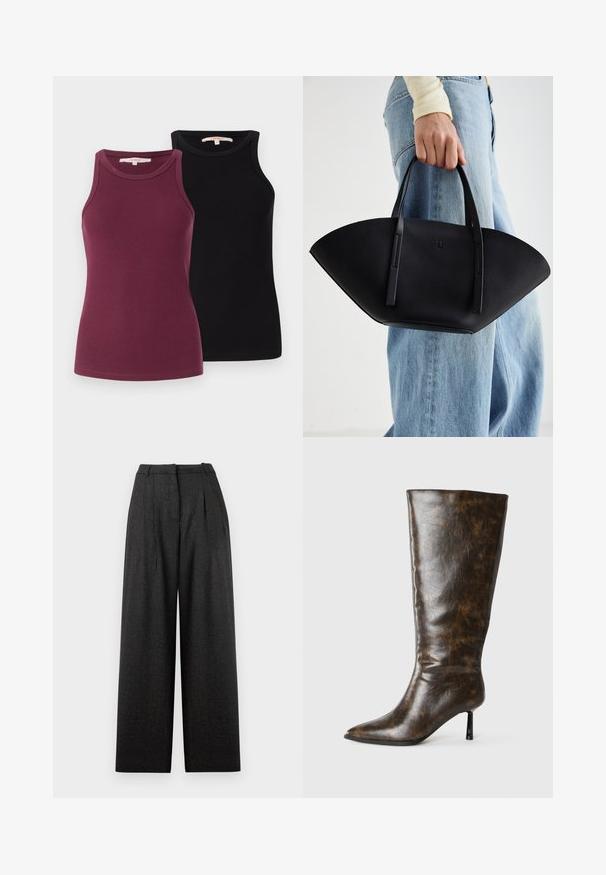 Zwei gerippte Tanktops in Burgunderrot und Schwarz. Sie haben runde Ausschnitte und sind für eine enganliegende Silhouette gestaltet. Glatte Textur.; Weite Hosen in einem dunkelgrauen Karomuster, mit hoher Taille, Falten und einer strukturierten Passform. Hergestellt aus strukturiertem Stoff.; Braune, abgenutzte Lederkniehohe Stiefel mit spitzem Zeh und dünnem Stiletto-Absatz auf weißem Hintergrund.; Schwarze Lederhandtasche mit einzigartiger Fächerform, ausgestattet mit flachen Griffen. Die Oberfläche hat eine genoppte Textur und ein minimalistisches Design.