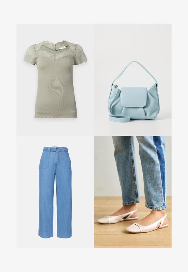 Short beige ribbed knit top with lace detailing on neckline and short sleeves, scalloped edges on sleeves and hem.; Light blue denim wide-leg trousers with a belted waist, two front pockets, and a plain texture. Features a minimalist design and clean lines.; Pale pink slingback flats with a pointed toe, made from a smooth leather-like material. Features cut-out details at the sides and a flat heel.; Light blue leather handbag with a top handle, front flap pocket, and detachable wrist strap on a white background.