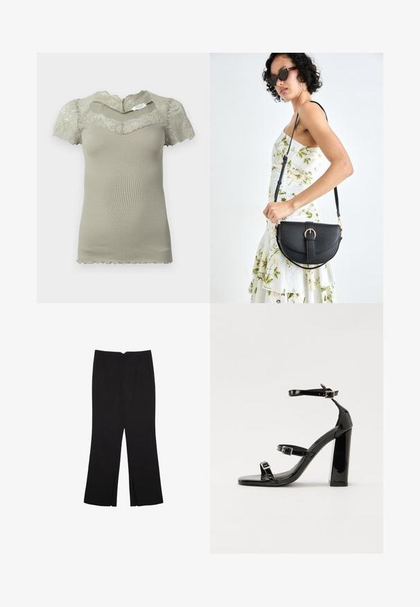 Short beige ribbed knit top with lace detailing on neckline and short sleeves, scalloped edges on sleeves and hem.; Black trousers with a straight fit, featuring front pockets and side slits at the hem. Made of soft, smooth fabric. Suitable for various occasions.; Black patent heeled sandals with a square toe, ankle straps, and silver buckles. Features a chunky block heel for stability.; Black leather handbag with a curved shape, detachable strap, and gold hardware. The bag features a flap with a buckle detail.