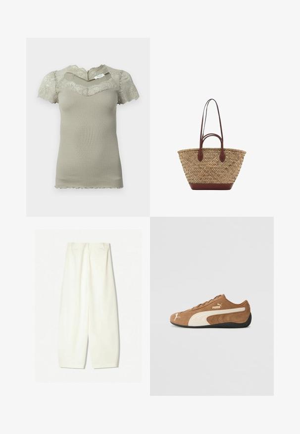 Kort beige ribbad stickad topp med spetsdetaljer vid halsringningen och korta ärmar, med scallopade kanter på ärmar och nederkant.; Vida byxor i ett mjukt krämfärgat tyg, med en slät yta, framfickor och en avslappnad passform med midjehögt midjeband.; Bruna mockaskinn låga sneakers med krämfärgade detaljer, texturerad yta, svart gummisula och broderad logotyp på sidan och tungan.; Vävd halmstorpåse med flätad textur, mörkbruna läderhandtag och botten, vid cirkulär form och öppen design.