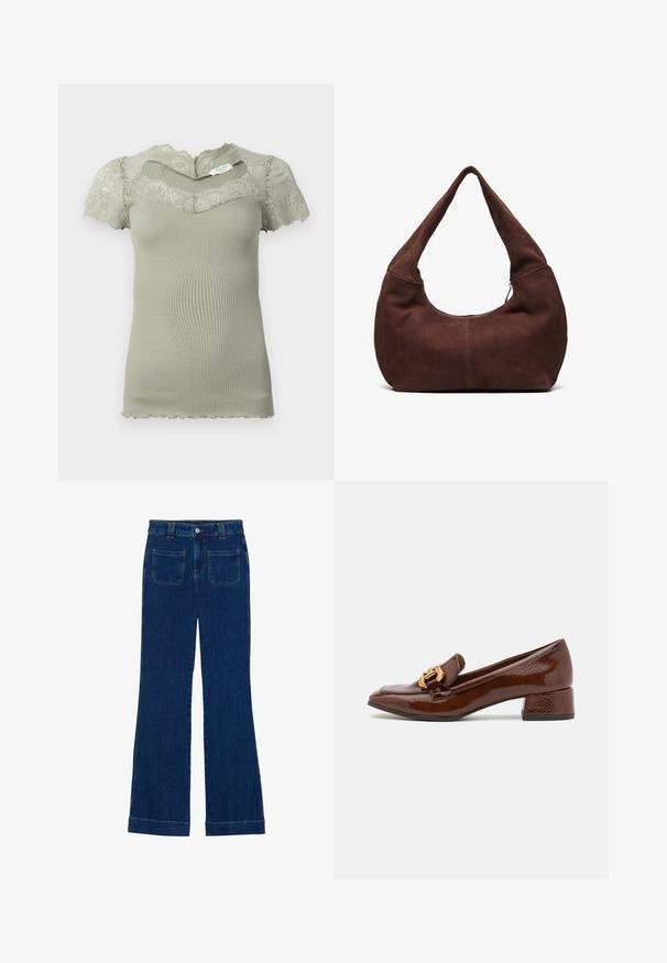 Kratka bež ribana pletenina z čipkastim detajlom na izrezu in kratkimi rokavi, z valovitimi robovi na rokavih in robu.; Temne modre trpežne flare kavbojke z gladko teksturo, petimi žepi in gumbom za zapiranje na pasu.; Brahkni usnjeni mokasini z sijočo površino, ki imajo dekorativno zlato zaponko spredaj in nizko blok peto. Klasična zasnova.; Rjava semiš torba hobo z ukrivljenim, širokim ročajem in velikim odprtjem. Mehka tekstura z vidnimi šivi ob robovih.
