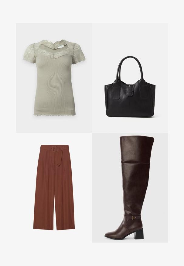Kratka bež ribana pletenina z čipkastim detajlom na izrezu in kratkimi rokavi, z valovitimi robovi na rokavih in robu.; Široke hlače iz rjavega blaga, ki vključujejo pas s kvadratno zaponko, nabran dizajn in gladko teksturo.; Temno rjave usnjene škornje do kolen z debelim peto in okrasnim pasom ob strani, prikazane na svetli enobarvni podlagi.; Črna usnjena torba s gladko teksturo, strukturirano obliko, dvema ročkama in izrazitim srebrnim sponko na sprednji strani.