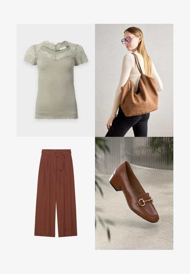 Kort beige ribbestrikket topp med blonderdetaljer på utringningen og korte ermer, bølgende kanter på ermene og kanten.; Bredde bukser i brunt stoff, med belte med firkantet spenne, plisserte design og myk tekstur.; Brun lakkert skinn loafer med firkantet tå, metallkjedeakkent, og lav blokkheel; glatt tekstur, minimalistisk design.; Brun semsketotebag med myk tekstur, stor åpning og lange stropper. Har et enkelt design med synlig søm og uten maskinvare.