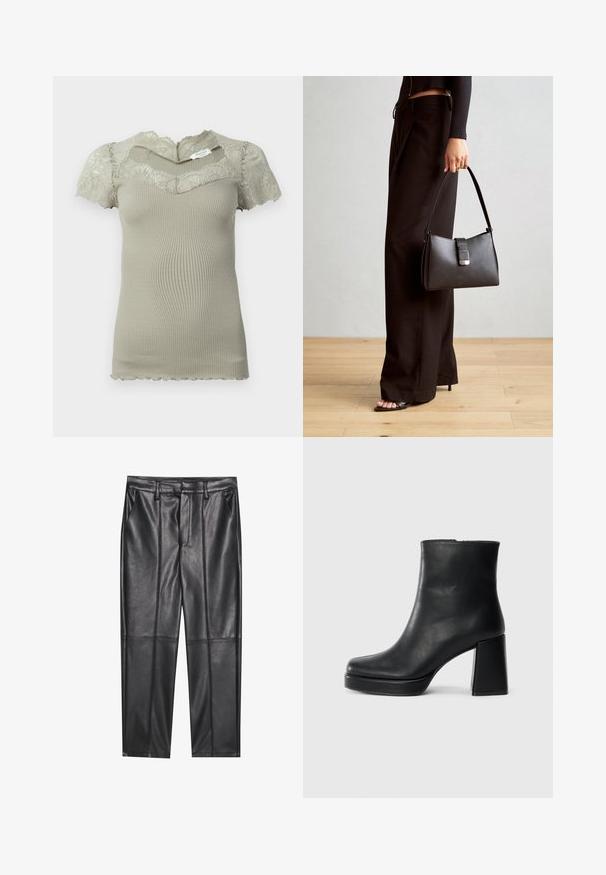 Lühike beež ribana tõmmatud top, millel on pitsdetailid kaeluses ja lühikestes varrukates, ning laineliste äärtega varrukad ja hem.; Mustad nahkpüksid sileda tekstuuriga, sirge lõikega, kahe eesmine taskuga ja nähtavate õmblusteta.; Must musta ankle boot, milleplokk-konts ja platvormi tallaga, vaadatud küljelt ühetoonilise valge tausta peal.; Must musta kott, millel on struktureeritud kuju, sile tekstuur ja metallist klamber. Kombineeritud laiate mustade pükstega ja avatud varvaste sandaalidega puidust põrandal.