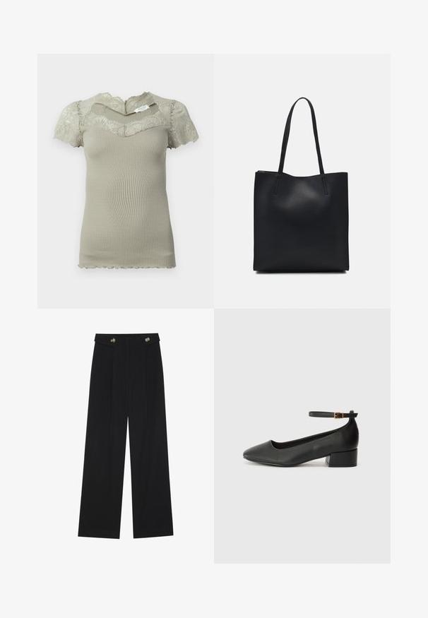 Kurzes beiges Rippenstricktop mit Spitzenverzierungen am Ausschnitt und kurzen Ärmeln, mit gewellten Kanten an Ärmeln und Saum.; Schwarze weite Hosen mit hoher Taille, Knopfdetails am Bund und vorderen Falten.; Schwarze Lederpumps mit spitzem Zehenbereich und niedrigem Blockabsatz. Mit einem Knöchelriemen und einer goldfarbenen Schnalle. Glatte Textur.; Schwarze Laptoptasche aus Leder mit glatter Textur, rechteckiger Form und zwei langen Griffen. Keine sichtbaren Beschläge oder Verzierungen.