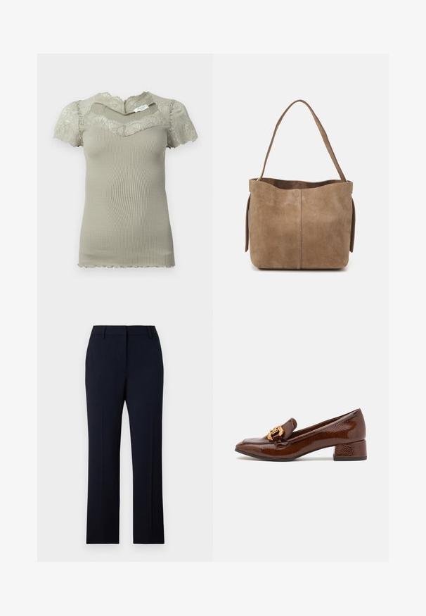 Kurzes beiges Rippenstricktop mit Spitzenverzierungen am Ausschnitt und kurzen Ärmeln, mit gewellten Kanten an Ärmeln und Saum.; Navyblaue maßgeschneiderte Hose mit geradem Schnitt, gefertigt aus glattem Stoff. Verfügt über Gürtelschlaufen, Eingrifftaschen und ein schlichtes Taillenbunddesign.; Braune Lederloafers mit glänzender Oberfläche, ausgestattet mit einer dekorativen goldenen Schnalle an der Vorderseite und einem niedrigen Blockabsatz. Klassisches Design.; Braune Wildleder-Tote mit weicher Textur, offenem Oberteil und einem einzelnen Schulterriemen. Verfügt über eine glatte Oberfläche und minimale Details.