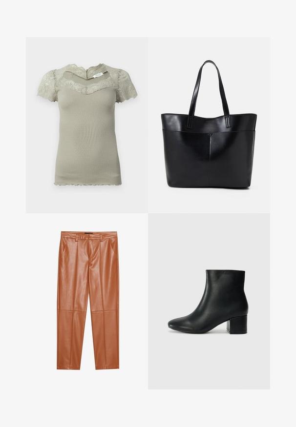 Short beige ribbed knit top with lace detailing on neckline and short sleeves, scalloped edges on sleeves and hem.; Brown faux leather trousers with a tailored fit, featuring front pleats and straight legs. Smooth texture with no visible hardware or accents.; Black leather ankle boots with a pointed toe and a chunky heel. Smooth texture with minimal accents and a sleek, fitted design.; Black leather tote bag with two long handles, a smooth texture, and a structured shape. Features a front pocket for additional storage.