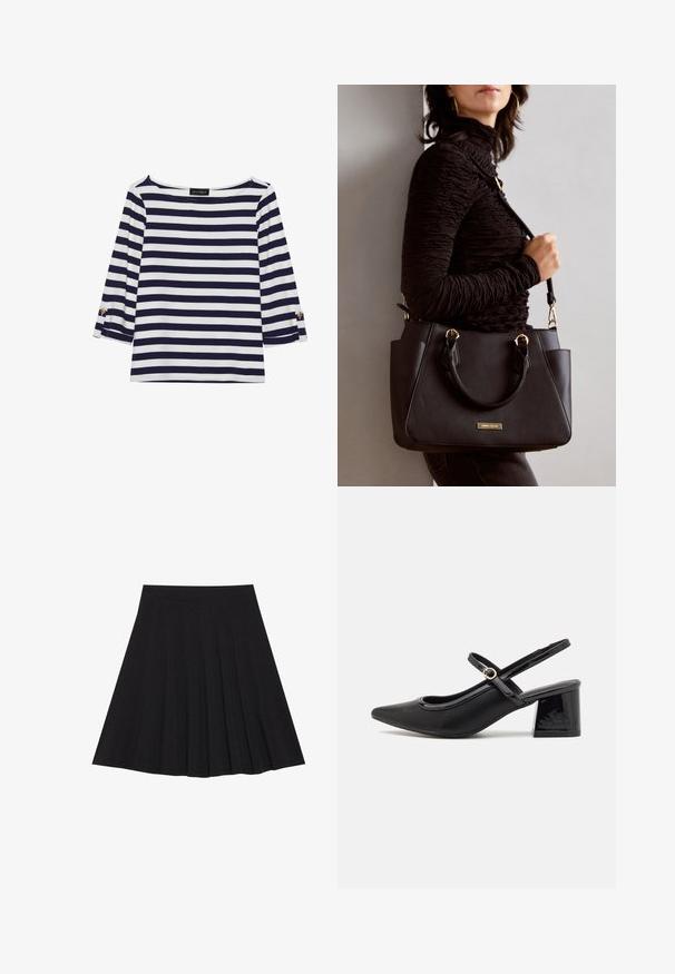 Gestreiftes Langarmoberteil in Marineblau und Weiß mit einem Bootsausschnitt und goldfarbenen Knopfdetails an den hochgekrempelten Ärmeln. Weicher Stoff, entspannter Schnitt.; Schwarzer, plissierter Rock aus strukturiertem Stoff mit einem taillierten Bund. Fällt knielang und hat eine glatte, klare Silhouette.; Schwarze Lackleder-Slingback-Absätze mit spitzer Zehenform, einem runden Ausschnitt-Design und einem Blockabsatz. Mit einem goldfarbenen Schnallenakzent.; Schwarze Handtasche mit strukturierten Oberflächen, doppelten Obergriffen und verstellbarem Schultergurt. Mit goldfarbener Hardware und Seitentaschen.