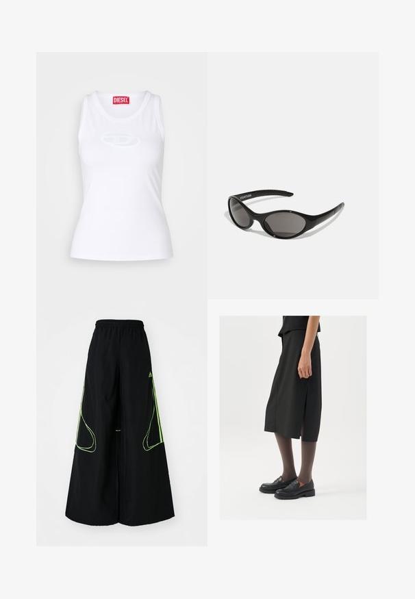 Weißes Tanktop aus weichem Stoff mit rundem Ausschnitt, taillierter Form und einem geprägten Diesel-Logo in der Mitte.; adidas Originals TEAMGEIST - Jogginghose - black/signal green; Schwarzer knielanger Rock mit seitlichem Schlitz, kombiniert mit schwarzen Loafers und transparenten braunen Strumpfhosen, aus glattem Stoff und mit einem schlichten Design.; Schwarze Sonnenbrille mit ovaler Form und dunklen Gläsern. Schlanker Kunststoffrahmen mit strukturierten Akzenten an den Bügeln. Branding an der Seite.; Silberne Creolen mit einer glatten, polierten Oberfläche und einer dünnen, runden Form. Das Design verfügt über einen sicheren Verschluss.