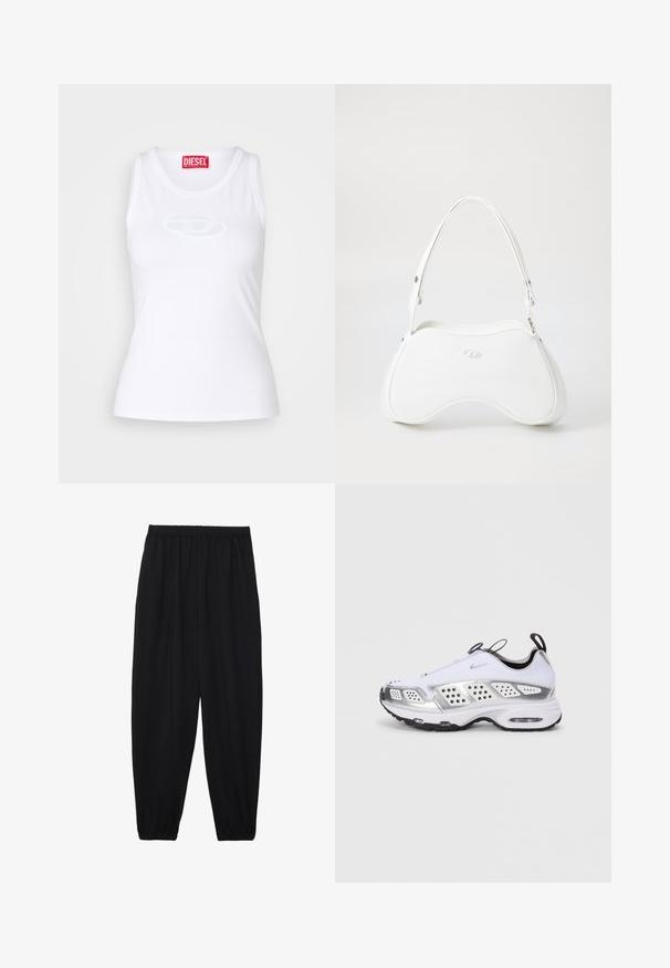 Bela majica brez rokavov iz mehkega materiala z okroglo izrezom, prilegajoča se oblika in vtisnjen logotip Diesel na sredini.; Črne, lahke hlače z elastičnim pasom in nabranimi gležnji. Tkanina je gladka in ima sproščen, taperiran dizajn.; Bela športna čevlja s srebrnimi detajli, zgornji del iz mrežaste in sintetične tkanine, zračna blazina, perforacije za zračnost in gumijast podplat.; Bela torbica z gladko, sijajno površino, ukrivljeno obliko in enim nastavljivim trakom. Ima logotip vtisnjen spredaj.