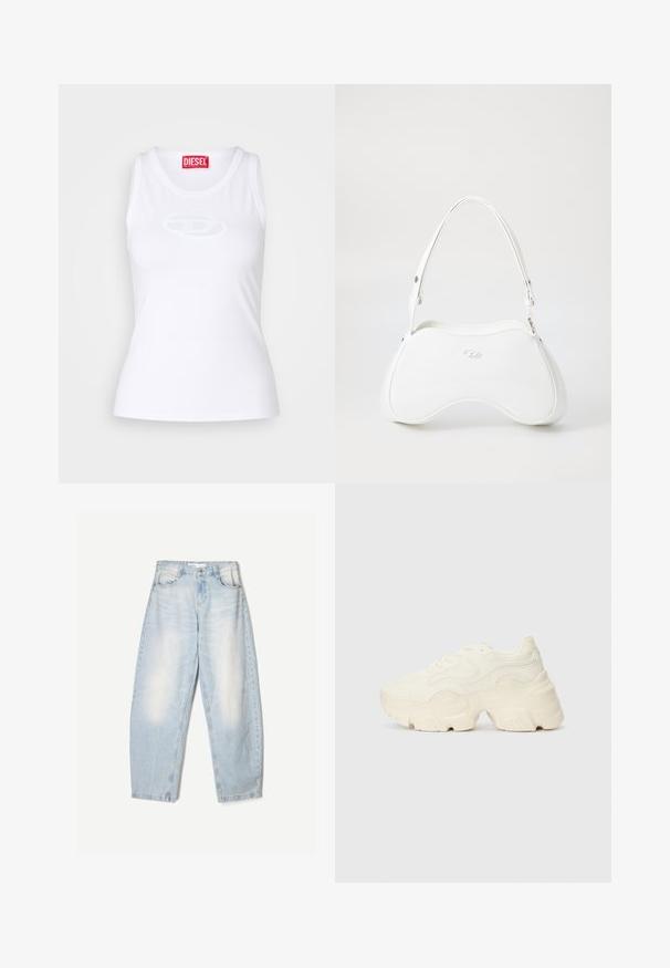 Bílý tílko vyrobené z měkké látky, s kulatým výstřihem, přiléhavým střihem a vyraženým logem Diesel uprostřed.; Světle modré džíny s volným střihem, s vybledlým povrchem, dvěma předními kapsami a zapínáním na knoflík v pase.; Chunky bílé tenisky vyrobené z texturované síťoviny a syntetických materiálů, s tlustou podrážkou a složitými vzorovými detaily podél stran.; Bílá kabelka s hladkým, lesklým povrchem, zakřiveným tvarem a jedním nastavitelným popruhem. Na přední straně je vyražené logo.