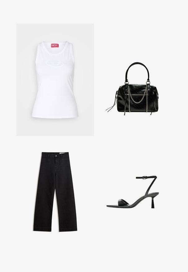 White tank top made of soft fabric featuring a round neckline, fitted shape, and an embossed Diesel logo at the center.; Black wide-leg denim pants with a high waist, featuring front and back pockets, stitched seams, and a button closure. Smooth texture.; Bershka High heeled sandals - black; Bershka WITH CHAIN - Handbag - black