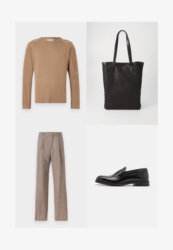 Světle hnědý pletený svetr s dlouhými rukávy, kulatým výstřihem a raglánovými švy. Měkká textura a jednoduchý design. Bez ozdob a univerzální.; Světle modrá košile s dlouhými rukávy, špičatým límcem, černými knoflíky a unikátním výřezem vpředu pro výjimečný design.; Hnědé kalhoty s vysokým pasem vyrobené z texturované látky. Mají široké nohavice a dva přední sklady pro strukturu. Úhledné provedení bez viditelné kovových částí.; Černé kožené polobotky s hladkou texturou, zaoblenou špičkou a zdobným páskem přes nárt. Nízký stohovaný podpatek, minimalistický design.; Černá plátěná taška s černými koženými uchy. Jednoduchý design, prostorné tělo a hladký povrch. Žádné viditelné loga ani vzory.