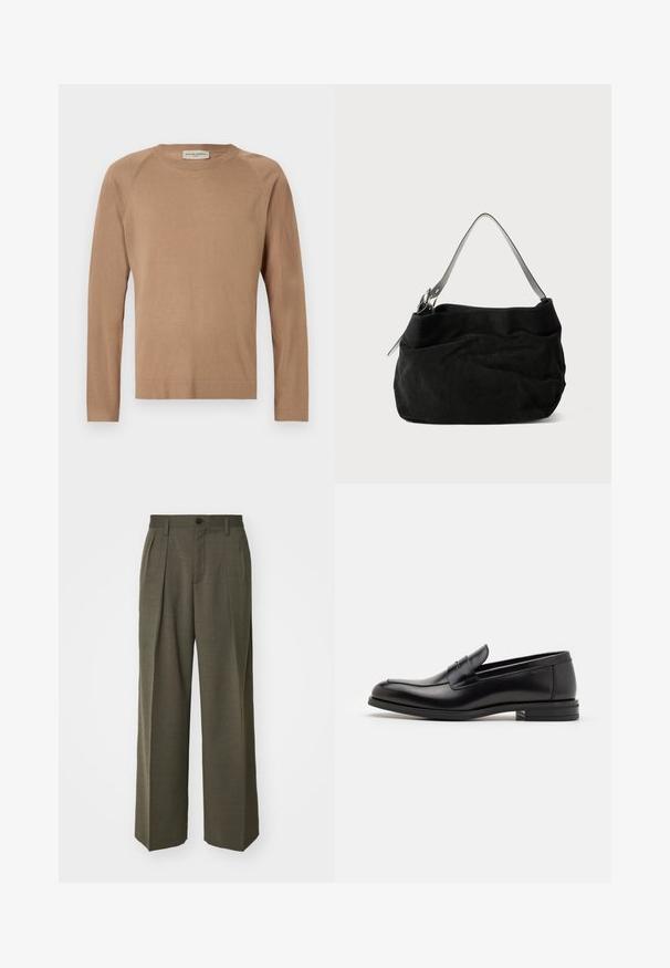 Light brown knit sweater with long sleeves, crew neck, and raglan seams. Soft texture and simple design. Unembellished and versatile.; Filippa K WIDE TROUSERS - Trousers - driftwood; Black leather loafers with a smooth texture, rounded toe, and a decorative strap across the vamp. Low stacked heel, minimalist design.; Black suede bag with a soft, slouchy design. Features a thin, smooth leather shoulder strap and subtle stitching details.