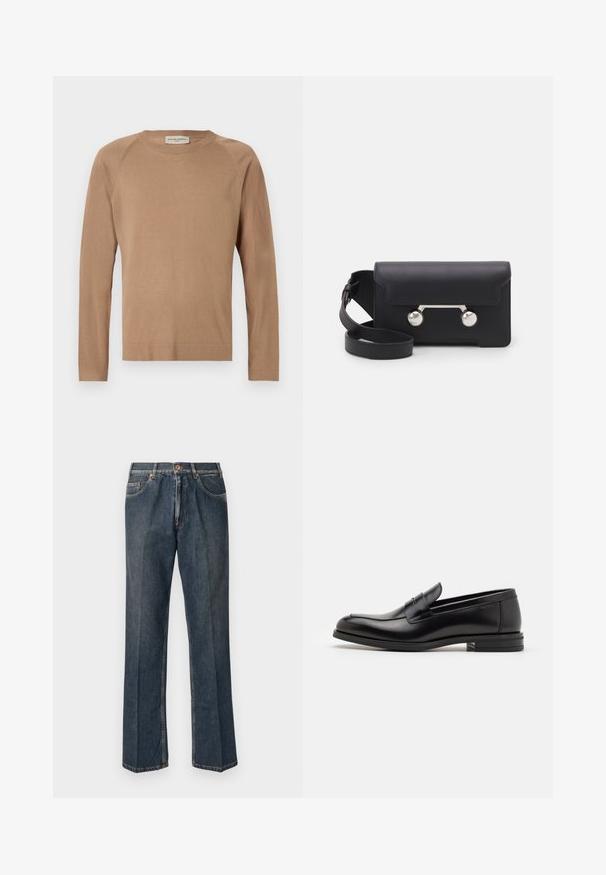 Light brown knit sweater with long sleeves, crew neck, and raglan seams. Soft texture and simple design. Unembellished and versatile.; Dark blue straight-leg denim jeans with front button, zip fly, double front pockets, and visible vertical creases down the legs.; Black leather loafers with a smooth texture, rounded toe, and a decorative strap across the vamp. Low stacked heel, minimalist design.; Black leather crossbody bag with a flap closure, silver-tone hardware, and two round accents. Features a detachable strap. Smooth texture.