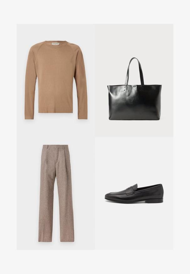 Svijetlosmeđi pleteni pulover s dugim rukavima, okruglim izrezom i raglan šavovima. Mekana tekstura i jednostavan dizajn. Neukrašen i svestran.; Smeđe, hlače viskog struka od teksturiranog materijala. Imaju široke nogavice i dva prednja pregiba za strukturu. Uređen završetak bez vidljivih metalnih dijelova.; Crne kožne muške mokasine s niskom petom i klasičnim dizajnom trake za novčiće, prikazane u bočnom profilu na bijeloj pozadini.; Crna glatka kožna torba za rame s dva držača, pravokutnog oblika, s suptilnim detaljima šivanja na bijeloj pozadini.