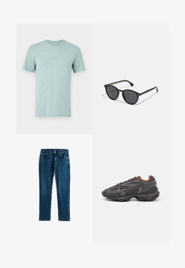 T-shirt de algodão azul claro com mangas curtas, gola redonda e logótipo em relevo na parte da frente. Textura suave, ajuste casual.; Jeans de ganga azul escura, design de perna reta, estilo de cinco bolsos, com um leve desgaste e costura em contraste, fecho em botão metálico e zíper.; Ténis Lacoste em cinza-escuro com material em malha e sintético, apresentando uma sola texturizada e detalhes castanhos na gola e na marca.; BOSS Óculos de sol - black