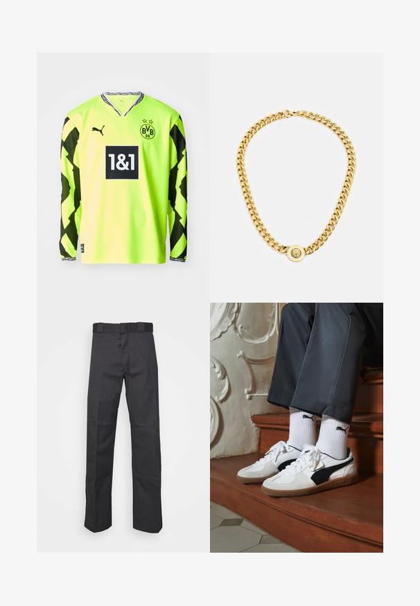 Hosszú ujjú neon sárga focipóló fekete geometrikus mintákkal a hüvelyeken, V-nyakú, hímzett logóval és szponzori márkázással.; Fekete nadrág tartós anyagból, egyenes szárú kivitelben, övhurkokkal ellátott derékkal és további textúrát adó varratokkal.; Fehér és fekete velúr Puma sportcipők, barna gumitalppal. Fehér zoknival párosítva, amely fekete logót visel, sötét nadrággal kombinálva.; Arany lánc nyaklánc nagy, egymásba fonódó gyűrűkkel, középen egy kiemelkedő emblémával ellátott kört alakító medállal.