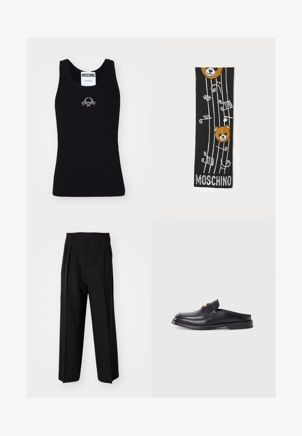 Canotta nera a costine con scollatura a girocollo, caratterizzata da un design del logo ricamato bianco al centro. Realizzata in un tessuto morbido e elastico.; Pantaloni neri a pieghe con un design dritto e gamba larga. Realizzati in tessuto morbido, con chiusura a bottone e passanti per cintura.; Scarpa nera in pelle senza lacci con punta rotonda, tacco basso e dettagli in design intrecciato sulla parte superiore. Presenta uno stile minimalista e una superficie liscia.; Sciarpa nera a maglia con due teste di orso bruno, note musicali e testo "MOSCHINO" in bianco nella parte inferiore. Texture morbida con design dettagliato.