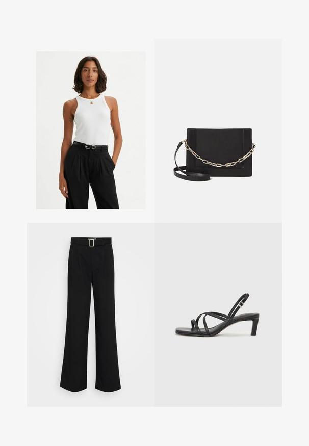 White ribbed tank top, features wide shoulder straps and a fitted design, paired with high-waisted black trousers and a black belt.; Black wide-leg trousers made of lightweight fabric, featuring a smooth texture, front pleats, and a belt with a square metal buckle.; Black strappy sandal with a square toe and a low block heel. Features multiple thin straps and an adjustable ankle strap. Made of smooth leather.; Black leather crossbody bag featuring a smooth texture, rectangular shape, and a metallic chain detail on the front. Adjustable strap included.