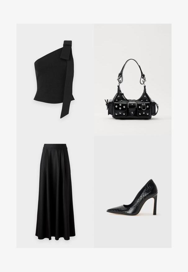 Asymmetrical black top made of textured fabric; features a bow detail on the left shoulder and a fitted design.; Black, floor-length skirt with a smooth texture, wide waistband, and pleated design, featuring no visible patterns or embellishments.; Black pointed-toe high heel shoe with a crocodile-skin texture, featuring a sleek design, high stiletto heel, and smooth black interior.; Black leather handbag with a curved design, featuring silver studs, a buckle, and two side pockets. Adjustable strap for carrying options.