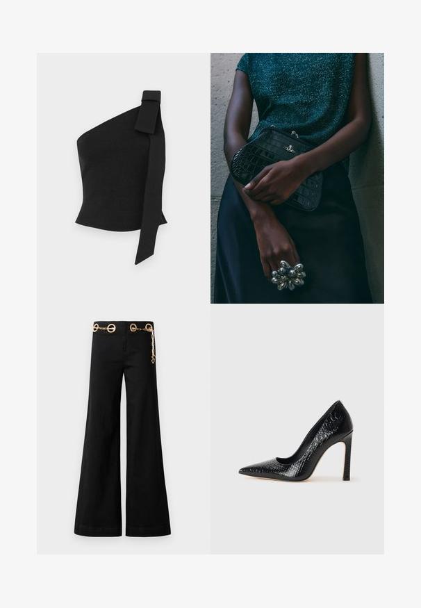 Asimetrisks melns tops, izgatavots no teksturētas auduma; ar loku uz kreisā pleca un pieguļošu dizainu.; Melni platajā kājas bikses, izgatavotas no kokvilnas, ar zelta apaļo furnitūru un ķēdes detaļu jostasvietā. Gluda tekstūra, tīrs griezums.; Melni augstpapēžu apavi ar norādītu purngalu, ar krokodila ādas tekstūru, izceļoties ar elegantu dizainu, augstu stiletto papēdi un gludu melnu interjeru.; Melna krokodilā ādas raksta rokassoma ar sudraba detaļām, turēta pretī tekstūrētai pelēkai fona. Iespējo spīdīgu virsmu.