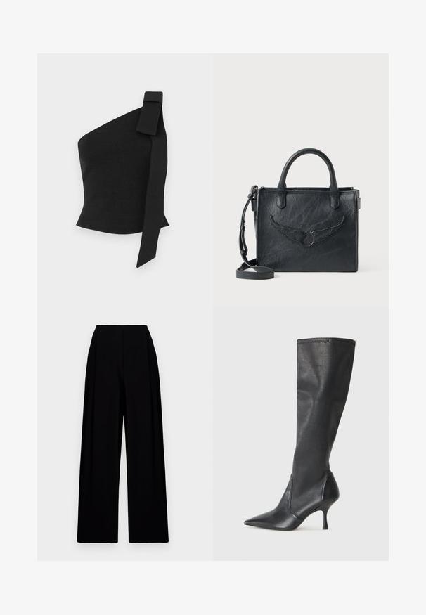 Top negro asimétrico hecho de tela texturizada; presenta un detalle de lazo en el hombro izquierdo y un diseño ajustado.; Pantalones negros de pierna ancha con una cintura alta, que presentan una textura suave y líneas limpias. Sin cierres o patrones visibles.; Botas de cuero negro hasta la rodilla con punta afilada y tacón de aguja delgado. Textura suave con un diseño ajustado y costuras en el borde superior.; Bolso de mano de cuero negro con un acento de diseño en ala. Cuenta con dos asas redondeadas y una correa de hombro desmontable. Superficie texturizada. Forma compacta.
