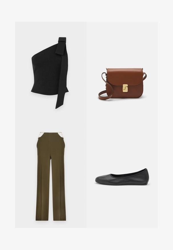 Asimetriška juoda palaidinė, pagaminta iš struktūruoto audinio; turi kaspiną kairiajame petyje ir prigludusį dizainą.; Olive spalvos platėjančios kelnės, pagamintos iš lygaus audinio, su auksinėmis grandinėmis juosmens srityje. Tiesaus kirpimo, su švariu finišu.; Juodai odiniai baletai su apvaliu pirštu, lygi texture, minimalus siuvimo detales ir lanksčiu padų dizainu.; Ruda odinė rankinė su uždaromu dangteliu, aukso spalvos detalėmis, petneša ir lygiu paviršiumi. Kompaktiška stačiakampio formos.