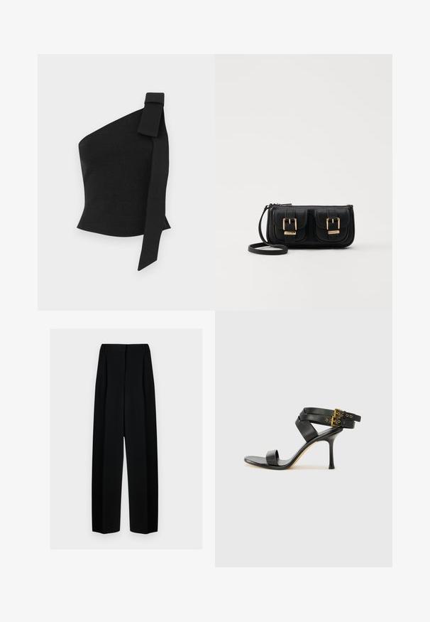 Asymmetrical black top made of textured fabric; features a bow detail on the left shoulder and a fitted design.; Black wide-leg trousers with a high waist, featuring pleats and a smooth texture. The fabric appears lightweight and drapes elegantly.; Black heeled sandal with crossed straps and adjustable buckle. Features a smooth texture and tapered stiletto heel.; Black leather crossbody bag with two front pockets, gold buckles, zipper closure, and a slim strap. Textured surface and compact rectangular shape.