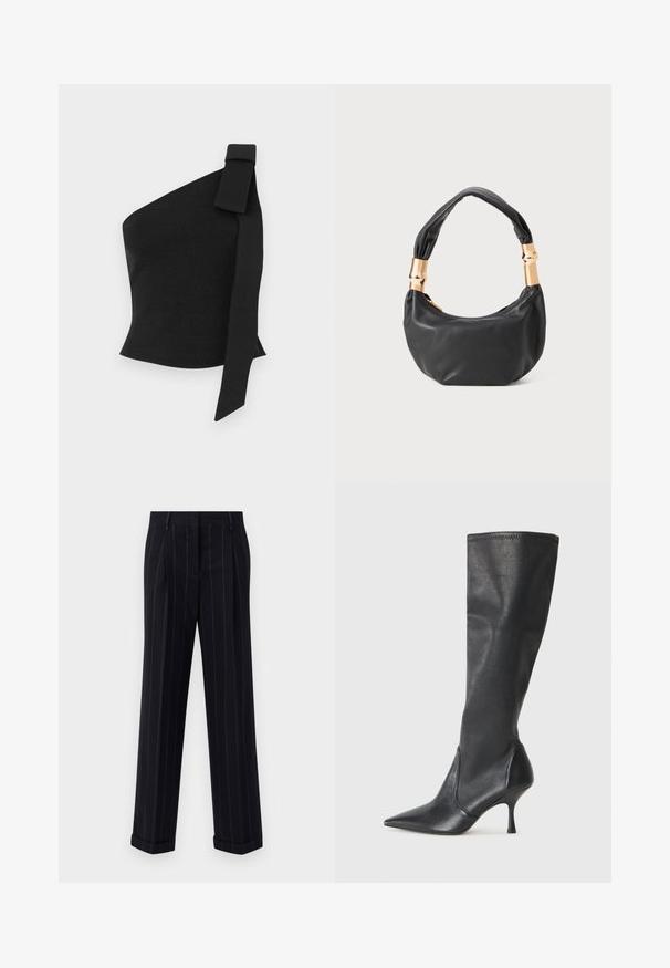 Asymetrický černý top vyrobený z texturované tkaniny; má mašlový detail na levém rameni a přiléhavý střih.; Černé pruhované kalhoty s úzkým střihem, se zúženým lemem a předními sklady. Vyrobené z hladkého materiálu se strukturovaným designem.; Černé kožené vysoké boty do kolen s špičatou špičkou a štíhlým jehlovým podpatkem. Hladká textura s přiléhavým střihem a přešitím na horním okraji.; Černá kožená kabelka s kulatým tvarem, měkkou texturou a uzlovou rukojetí se zlatými kovovými detaily. Zapínání na zip.