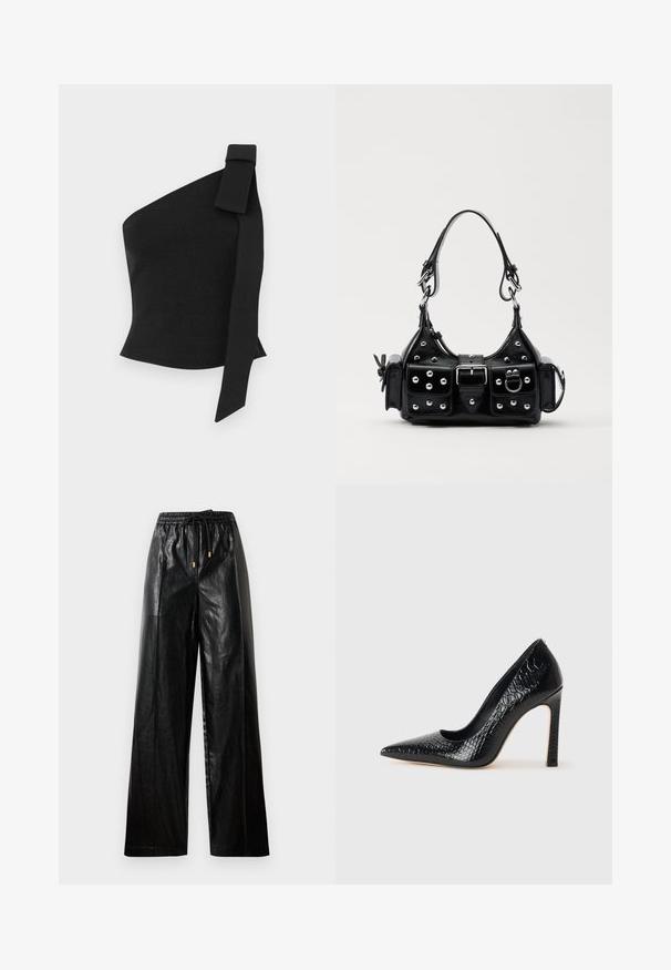 Asymmetrical black top made of textured fabric; features a bow detail on the left shoulder and a fitted design.; Black leather wide-leg pants with an elastic waistband, drawstring, and gold hardware accents. Smooth texture and loose fit.; Black pointed-toe high heel shoe with a crocodile-skin texture, featuring a sleek design, high stiletto heel, and smooth black interior.; Black leather handbag with a curved design, featuring silver studs, a buckle, and two side pockets. Adjustable strap for carrying options.