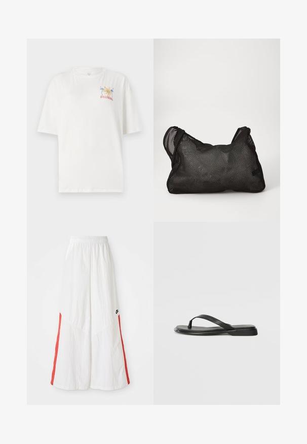 White cotton t-shirt with a relaxed fit, featuring a colorful Billabong logo with palm trees and the year "1973" embroidered on the left chest.; White wide-leg pants with an elastic waistband, featuring red side panels and a small black logo on the left side. Textured fabric.; Black flip-flop made of smooth leather, featuring a thin strap design and a flat sole with a minimal profile. No notable patterns or accents.; Black mesh bag with a soft, textured surface and rounded shape. Features two handles and a spacious interior. Lightweight and breathable design.