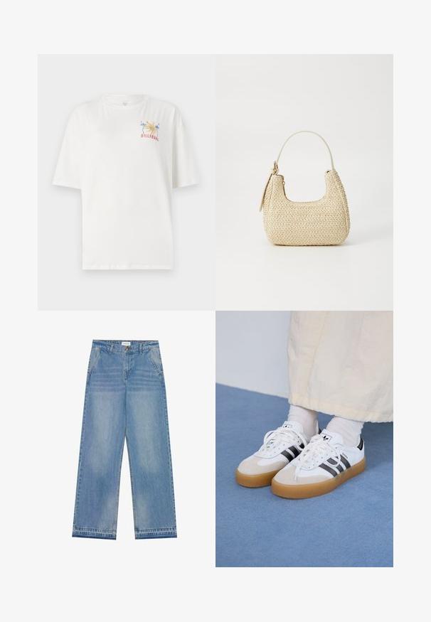 Baltas medvilninis marškinėliai, laisvo kirpimo, su spalvingu Billabong logotipu, kuriame pavaizduotos palmės ir ant kairiojo krūtinės siuvinėtas metai "1973".; Šviesiai mėlynos aukštos juosmens plačios kojos džinsai su mygtuko uždarymu, priekinėmis kišenėmis, diržo kilpomis ir subtiliomis išblukimo detalėmis.; Baltos sportbačiai su noir juostomis ir šviesiai rudos zomšos akcentais. Yra tekstūruota gumos padas ir plokščiomis baltomis raištelėmis, dėvimi su šviesiai spalvotomis kojinėmis.; Aukšta pintinė rankinė iš šiaudų, šviesiai rudos spalvos, su išlenkta forma, trumpa rankena ir šoniniu užtrauktuku. Pasižymi tekstūruota paviršiumi ir minimalistiniu dizainu.