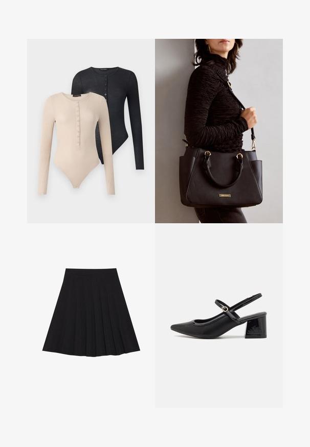 Divi garie piedurkņu bodiji beidž un melnā krāsā. Katram ir apaļa kakla izgriezums, pogas pa priekšpusi un ribota tekstūra.; Melna plisētā svārku ir izgatavota no teksturēta auduma ar ietilpīgu jostasvietu. Svārki ir līdz ceļiem un tiem ir gluda, tīra silueta.; Melns patentēts ādas sandales ar norādīta pirksta formu, noapaļotu izgriezuma dizainu un bloķētu papēdi. Iezīmēta ar zelta toņa sprādzi.; Melnā rokassoma ar teksturētu virsmu, diviem augšējiem rokturiem un regulējamu pleca siksnu. Iespējas ar zelta krāsas aparatūru un sānu kabatām.