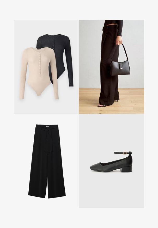 Du keli ilgi rankoviai bodysuit'ai, smėlio ir juodos spalvos. Kiekvienas turi apvalią kaklo iškirptę, mygtukus priekyje ir gilią tekstūrą.; Juoda plačių kojų kelnės, pagamintos iš tekstūruoto audinio, su elastingu juosmeniu ir atsegamu diržu juosmenyje, leidžiančiu reguliuoti dydį.; Juodas odinis aukštakulnis batelis su smailiu pirštu ir žemu bloku. Su kulkšnies dirželiu su auksinės spalvos sagtimi. Lygus paviršius.; Juodas rankinė struktūrizuota forma, lygi tekstūra ir metalinis užsegimas. Suporuota su plačiomis juodomis kelnėmis ir atvirais bateliais ant medinių grindų.