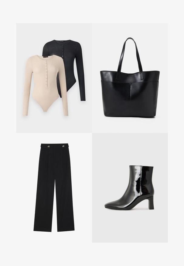 To langeærmede bodystockings i beige og sort. Hver af dem har en rund hals, knapper ned foran og en ribbet tekstur.; Sorte vide bukser med høj talje, knapdetaljer på taljebåndet og frontfald.; Sort lakeret ankelstøvle med spids tå og en midt-højde blokhæl. Glat tekstur og minimalistisk design.; Sort læder tote taske med to lange håndtag, en glat tekstur og en struktureret form. Har en forlommem for ekstra opbevaring.