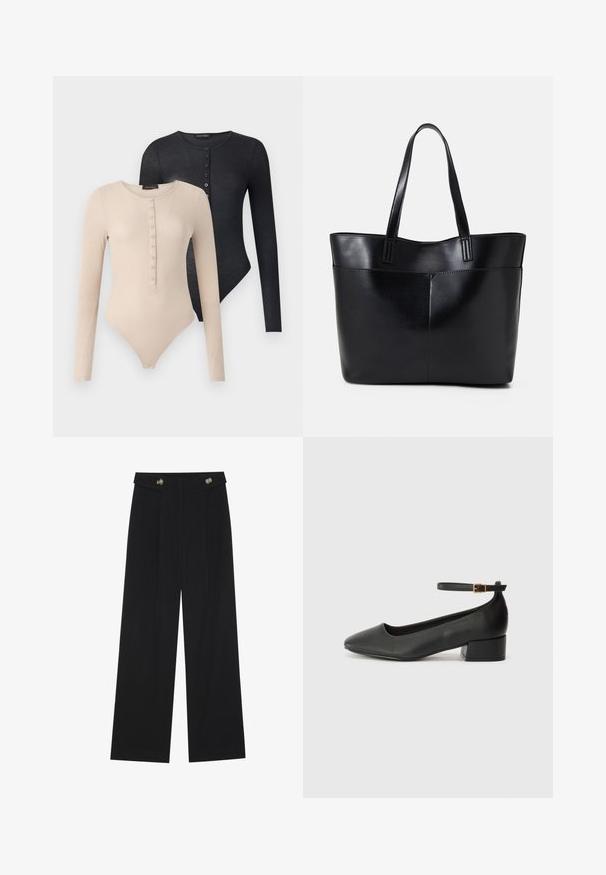 To langeærmede bodystockings i beige og sort. Hver af dem har en rund hals, knapper ned foran og en ribbet tekstur.; Sorte vide bukser med høj talje, knapdetaljer på taljebåndet og frontfald.; Sorte læderpumper med spids tå og en lav blokhæl. Har en ankelrem med en guldfarvet spænde. Glat tekstur.; Sort læder tote taske med to lange håndtag, en glat tekstur og en struktureret form. Har en forlommem for ekstra opbevaring.