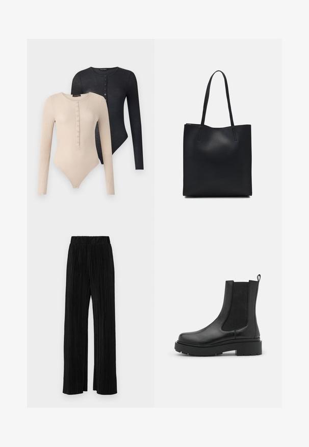 Zwei langärmelige Bodysuits in Beige und Schwarz. Jeder hat einen runden Ausschnitt, Knöpfe an der Vorderseite und eine gerippte Textur.; Schwarze plissierte Hose mit elastischem Bund. Verfügt über weite Hosenbeine und einen glatten, strukturierten Stoff mit vertikalen Streifen.; Schwarze Lederknöchelstiefel mit elastischen Seiteneinsätzen, dickem Gummisohle und Zuglasche. Glatte Textur mit schlankem Design.; Schwarze Laptoptasche aus Leder mit glatter Textur, rechteckiger Form und zwei langen Griffen. Keine sichtbaren Beschläge oder Verzierungen.