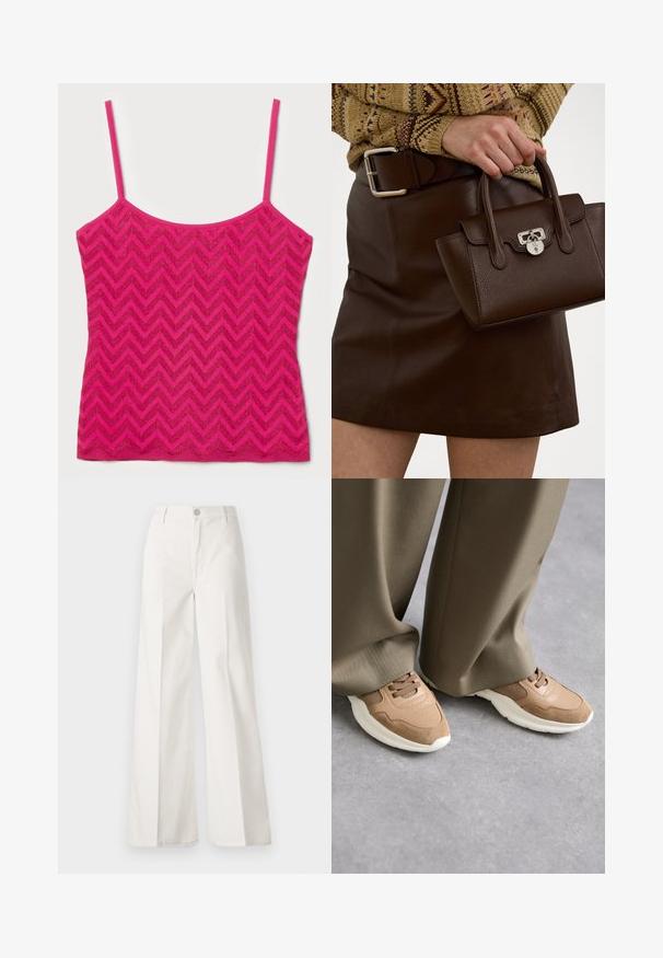 Różowa koszulka na ramiączkach, z cienkimi paskami, o wzorze złożonym z zygzaków w teksturowanej tkaninie. Prosta, prostokątna linia dołu, minimalistyczny design i intensywny kolor.; Białe spodnie typu wide-leg wykonane z bawełny o gładkiej fakturze. Posiadają zapięcie na guzik z przodu, zamek błyskawiczny oraz cztery kieszenie.; Brązowe buty sportowe z połączenia gładkiej skóry i siateczkowych materiałów, z białą gumową podeszwą i subtelnymi detalami perforacji.; Brązowa skórzana torebka o strukturalnym wykończeniu i srebrnym wykończeniu, trzymana w dłoni obok brązowej skórzanej spódnicy i wzorzystego swetra.