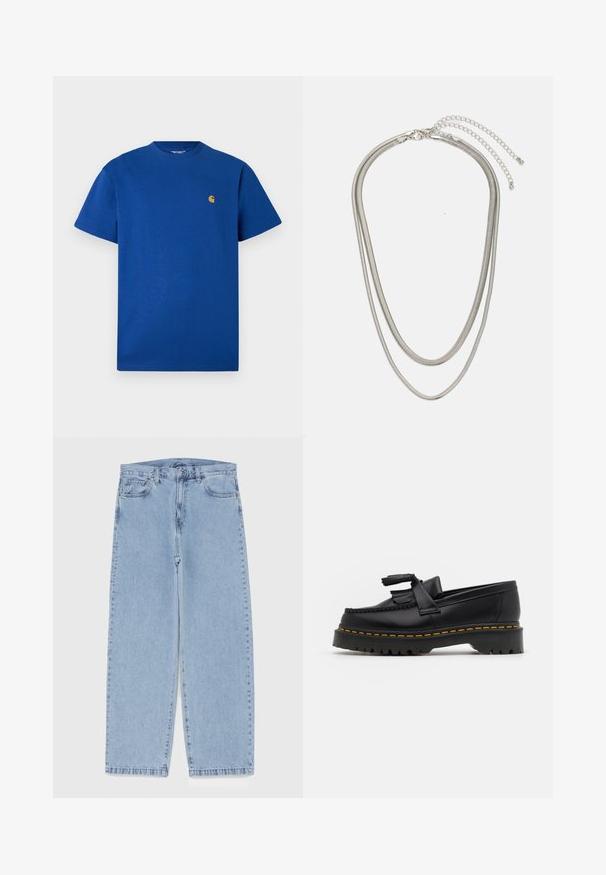 Modrá bavlnená tričko s okrúhlym výstrihom, krátkymi rukávmi a malým zlatým logom na hrudi. Hladká textúra a voľný strih.; Svetlomodré denimové džínsy s rovnými nohavicami, s polovysokým pásom, piatimi vreckami a zapínaním na gombík a zips.; Čierne kožené loafre s detailom na strapcoch, s masívnou čiernou podrážkou a žltým prešitím pozdĺž okraja. S textúrovaným povrchom.; Trojvrstvový náhrdelník zo strieborného kovu s elegantnými, flexibilnými reťazami s jemným leskom, zabezpečený sponou typu langusta a nastaviteľným reťazcom.