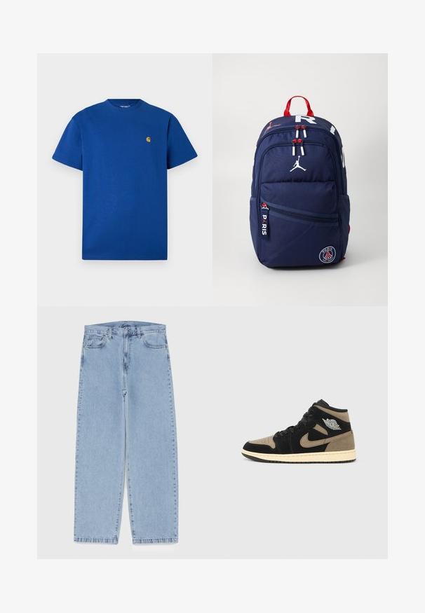 Blue cotton t-shirt with a round neck, short sleeves, and a small gold logo on the chest. Smooth texture and casual fit.; Light blue denim jeans with straight leg design, featuring a mid-rise waist, five pockets, and a button and zipper closure.; High-top sneakers featuring black and tan suede, perforated toe, beige midsole, black laces, and a silver logo on the side.; Navy backpack with red accents, multiple zippered compartments, logo patches, and adjustable straps. Made of durable fabric.; Gray nylon crossbody bag with a zippered front pocket, adjustable black strap, and black logo accent on the front. Compact and lightweight design.