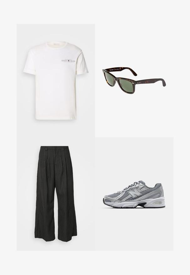 Balta kokvilnas T-kreklu ar apaļu kakla izgriezumu, īsām piedurknēm un ar apdrukātu logotipu. Iezīmē minimālistisku dizainu un brīvu piegriezumu.; Melnas strīpainas platās bikses ar pieūgumiem, ar pielāgotu dizainu un mīkstu tekstūru. Nav redzamu detaļu vai akcentu.; Pelēkie sporta apavi ar sietu augšdaļu, sudraba akcentiem, mīkstinātu apkakli un baltu starpzoli ar melnu ārējo zoli.; Wayfarer saulesbrilles ar tumšu bruņurupuču plastmasas rāmi, zaļiem stikliem un sudraba Ray-Ban logo uz zara.; G-Shock pulksteņi ar caurspīdīgu sveķu korpusu, zilu skalu, metāla akcentiem, digitālo displeju un strukturētu silikona siksnu. Ūdensizturīgs līdz 20 bāriem.