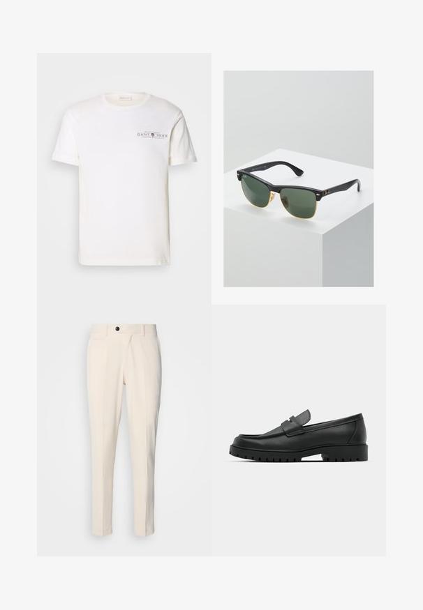 Hvit bomull t-skjorte med rund hals, korte ermer og trykket logo. Har minimalistisk design og avslappet passform.; Beige skreddersydde bukser med flat front, enkel knappelukking og to skrå sidelommer. Glatt stoff med slim fit og smalere ben.; Sorte lærloafere med rund tå, med en syddesign, lav plattformsåle og en teksturert, ruggede gummisåle.; Ray-Ban solbriller med grønne linser, svarte plastikkrammer og gullkanter. Firkantet form med matt finish.