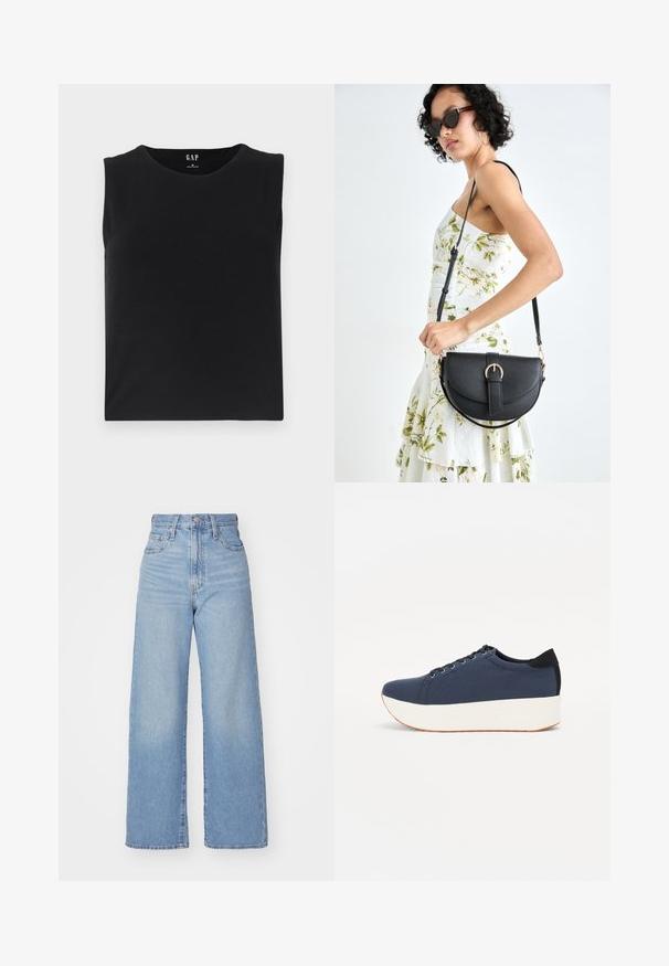 Juodas be rankovių viršus, pagamintas iš minkštos medžiagos, su apvaliu kaklu ir tiesia apačia. Minimalistinis dizainas be akcentų ar papuošimų.; Šviesiai mėlynos aukšto liemens plačios kojos džinsai su priekiniais užtrauktukais ir sagom, priekinėmis ir galinėmis kišenėmis, ant baltos fono.; Tamsiai mėlynas sportinis batelis su tekstūruotu audiniu viršuje, baltu platformos padu, apvaliu pirštu ir juodu kulno akcentu.š. Yra šešios skylės raišteliams.; Juodas odinis krepšys su išlenkta forma, nuimamu dirželiu ir auksiniais detalėmis. Krepšys turi kilpą su sagtimi.