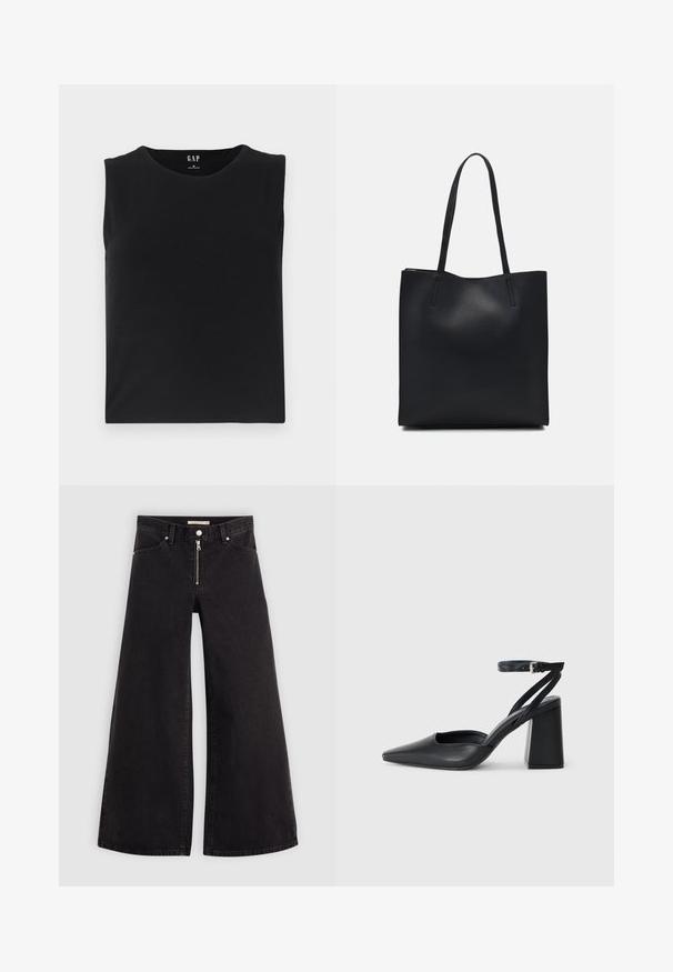 Must mustriga mustriga, pehmeast kangast, ümmarguse kaeluse ja sirge alläärega. Minimalistlik disain ilma rõhutuste või kaunistusteta.; Laiad teksad mustast denimist, millel on lukuga eesmine osa, viie taskuga disain ja peened õmblusdetailid. Sile tekstuur ja juhuslik stiil.; Mustmustest must-käigukingad, millel on konksuga nöör ja paks konts. Ühtlane tekstuur, stiilne disain ja minimalistlik esteetika.; Mustast nahast kott sujuva tekstuuriga, ristkülikukujuline ja kahe pika sangaga. Pole nähtavat riistvara ega kaunistusi.