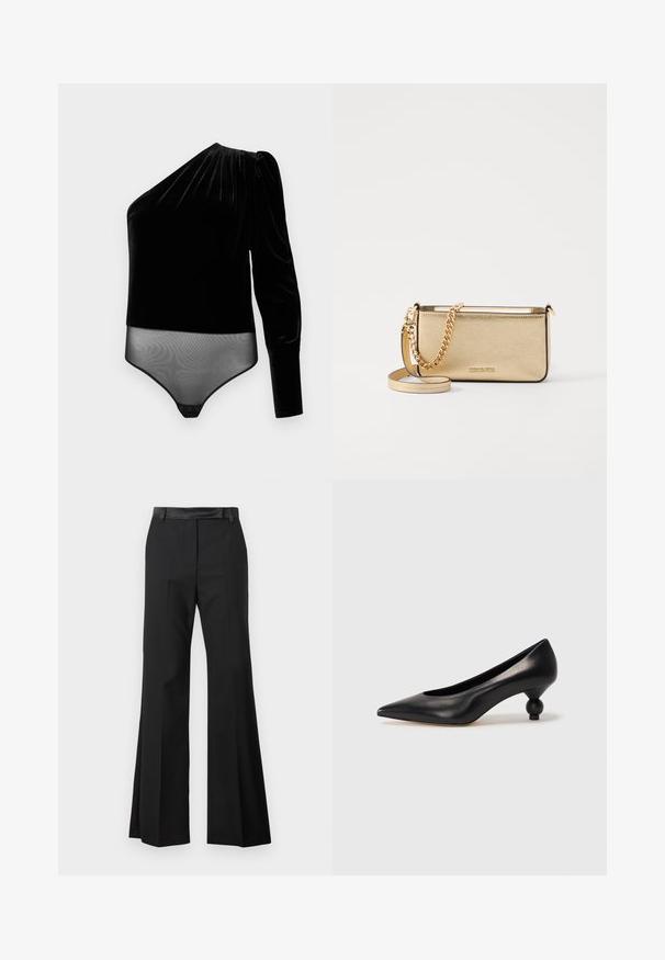 Body din catifea neagră, cu un mânecă lungă și panou inferior transparent. Textură netedă cu un design drapat pe umăr și sistem de închidere tip clapă.; Pantaloni negri evazați cu un finisaj neted, având un brâu solid și pliuri presate pentru un aspect ajustat.; Pantofii cu toc înalt din piele neagră, cu vârf ascuțit și toc rotund, mimos. Textură netedă, cu un design elegant și minimalist.; Clutch din piele aurie metalizată, cu un finisaj texturat, având o curea din lanț aurie și o curea pentru umăr detașabilă. Logo-ul brandului embosat.