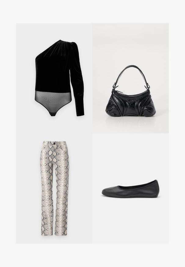 Schwarzer Samtbodysuit mit einem langen Ärmel und transparentem unterem Bereich. Glatte Textur mit gerafftem Design an der Schulter und Druckverschluss.; Schlangenlederdruck-Hosen in einem beige-grauen Farbschema. Gerade geschnittenes Design mit einer strukturierten Oberfläche und Vorderaschen. Verfügt über einen Knopfverschluss.; Schwarze Leder-Ballettschuhe mit abgerundeter Spitze, glatter Textur, minimalen Nähdetails und einem flexiblen Sohlen-Design.; Schwarze Handtasche aus strukturiertem Leder mit runder Form. Verfügt über einen dünnen Schulterriemen und dekorative geprägte Muster.