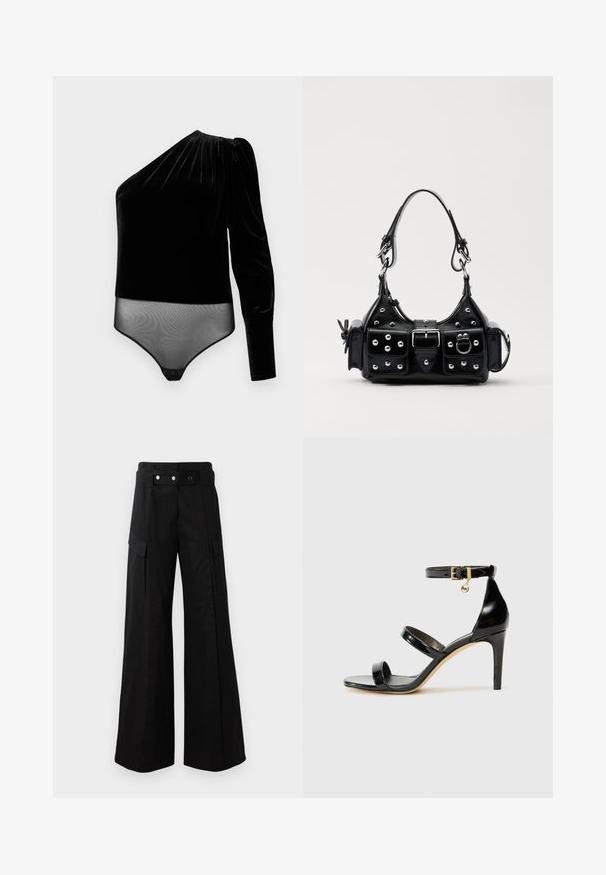 Schwarzer Samtbodysuit mit einem langen Ärmel und transparentem unterem Bereich. Glatte Textur mit gerafftem Design an der Schulter und Druckverschluss.; Schwarze weit geschnittene Hose mit hohem Bund, großen Seitentaschen, zwei vorderen Knöpfen und einer Schlaufen-Detail. Aus robustem Stoff gefertigt.; Schwarze Lackleder-Sandale mit drei Riemen, Knöchelriemen und 10 cm hohen Stiletto-Absatz. Verfügt über goldfarbene Hardware-Details und ein Logo-Charm.; Schwarze Lederhandtasche mit einem geschwungenen Design, verziert mit silbernen Nieten, einer Schnalle und zwei seitlichen Taschen. Verstellbarer Träger für verschiedene Tragemöglichkeiten.